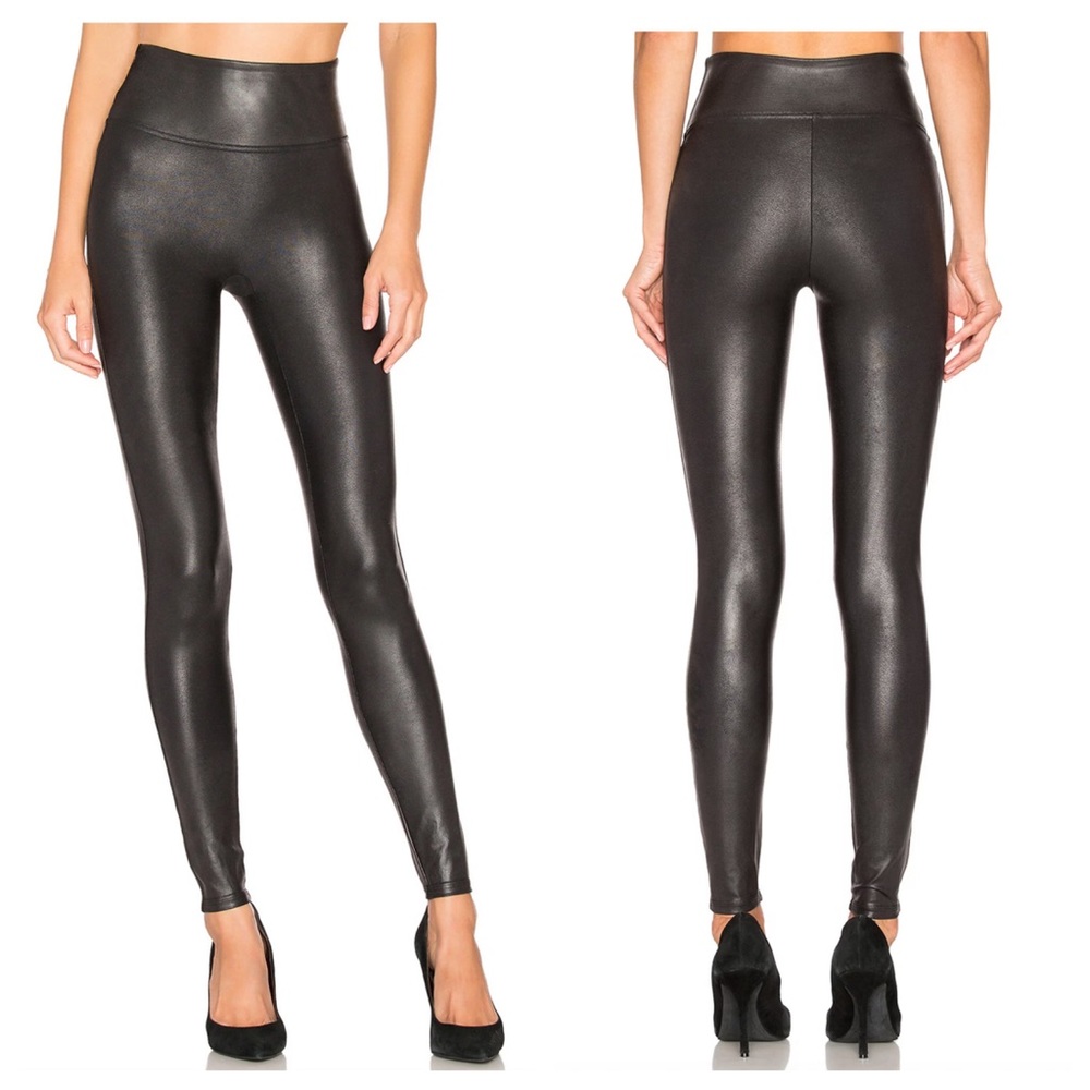 spanx black faux vegan leather high waisted leggings